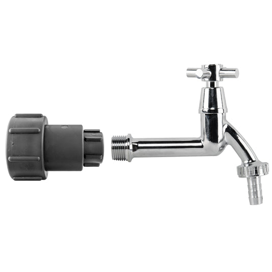 S60X6 IBC Extender kit with extended cross-head tap and half-inch hose-barb outlet.
