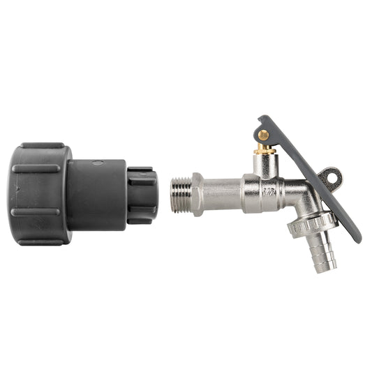S60X6 IBC Extender kit with lever-lock tap and half-inch hose-barb outlet.