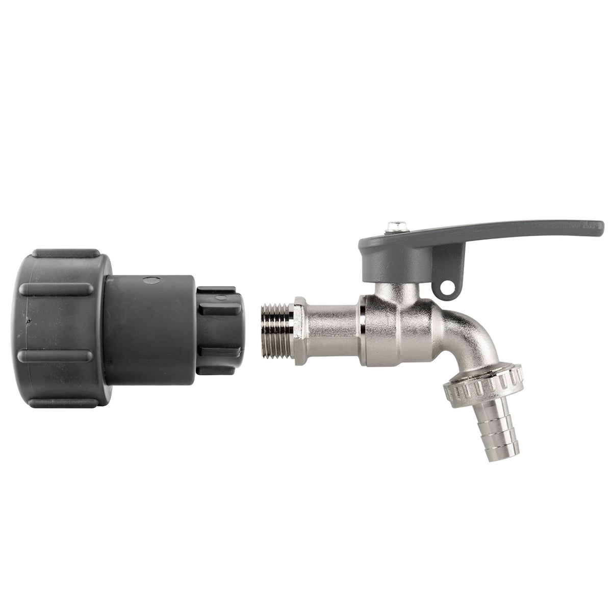 S60X6 IBC Extender kit with side-lock lever tap and half-inch hose-barb outlet.