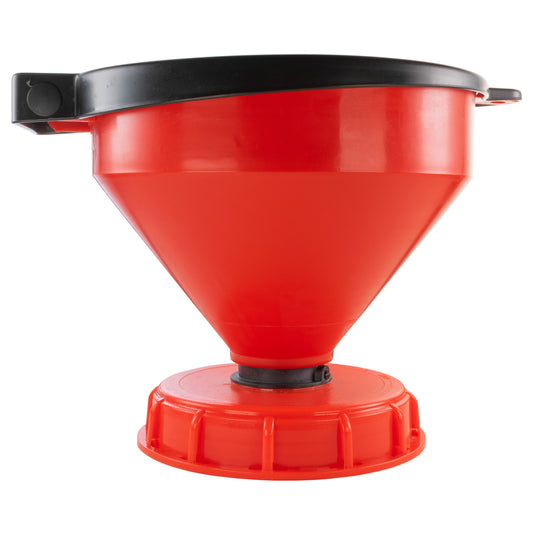 Red IBC filling funnel with black lid and matching top cap; cap colour may vary.