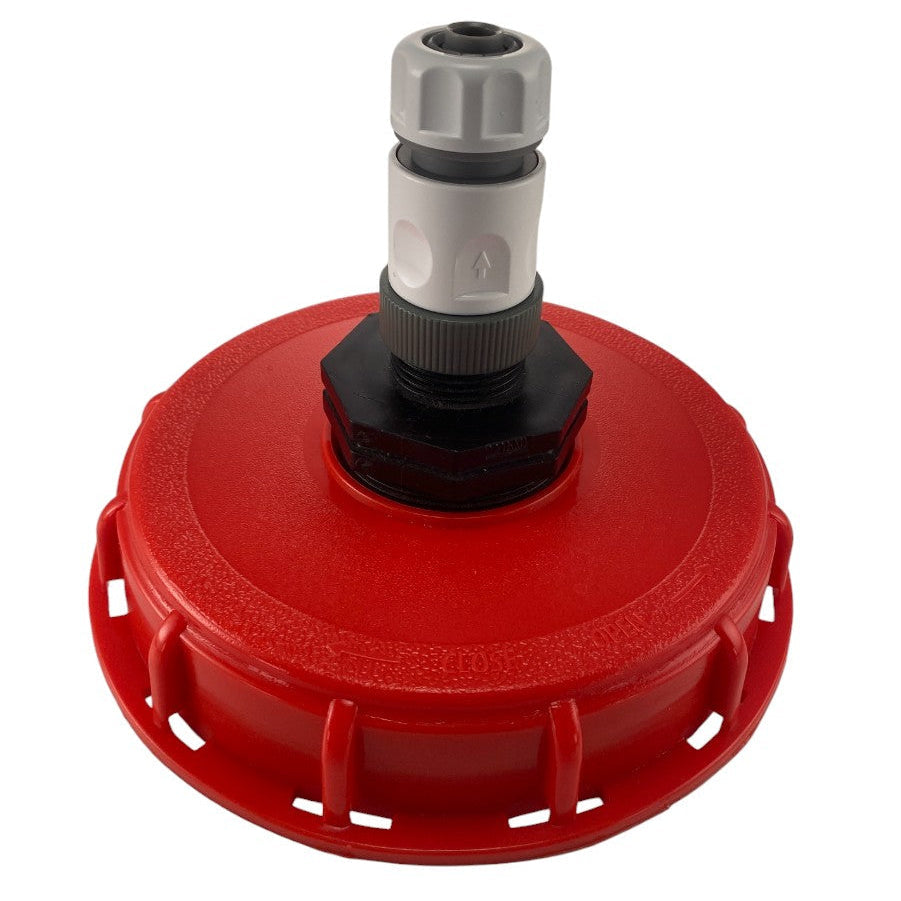 IBC 6″ Top Cap with ½″ Hose Quick Connector, shown with a red cap; cap colour may vary.