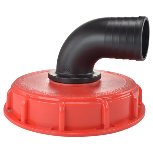 IBC 6″ Top Cap with 50mm Barbed Elbow, shown with a red cap; cap colour may vary.
