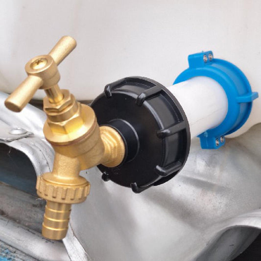 White S60X6 swivel extension with blue nut, black IBC cap and brass bib tap.