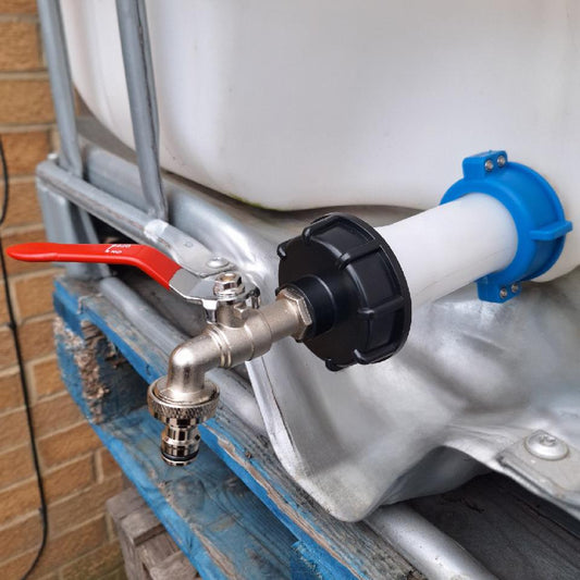 White S60X6 swivel extension with blue nut, black IBC cap and quick-connect lever tap.