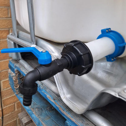 White S60X6 swivel extension with blue nut, black IBC cap and nylon barbed tap.