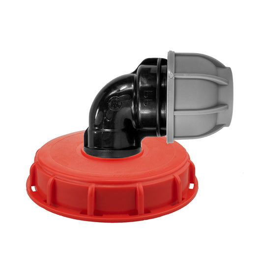 IBC 6″ Top Cap with 50mm MDPE Elbow, shown with a red cap; cap colour may vary.