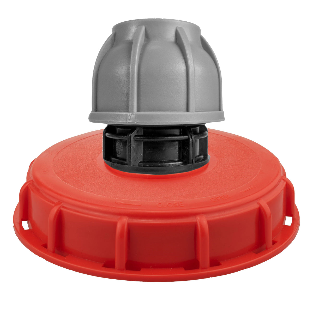 IBC 6″ Top Cap with 50mm MDPE Straight Connector, shown with a red cap; cap colour may vary.