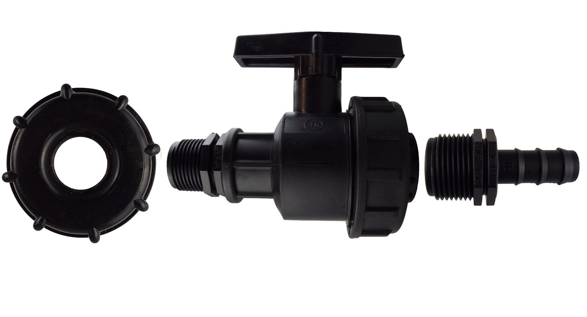 IBC S60X6 Cap & Large Valve – 16mm Irrigation Barb; supplied fittings shown.