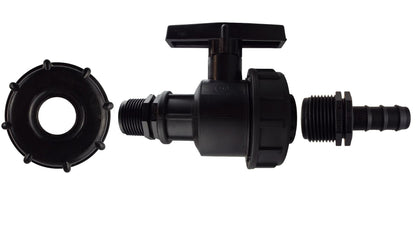 IBC S60X6 Cap & Large Valve – 16mm Irrigation Barb; supplied fittings shown.