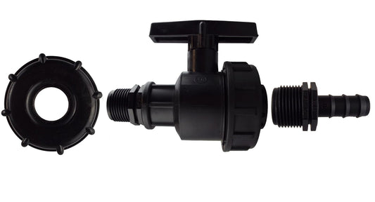 IBC S60X6 Cap & Large Valve – 16mm Irrigation Barb; supplied fittings shown.
