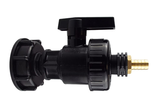 IBC S60X6 Cap & Large Valve – 13mm Brass Hose Tail; supplied fittings shown.