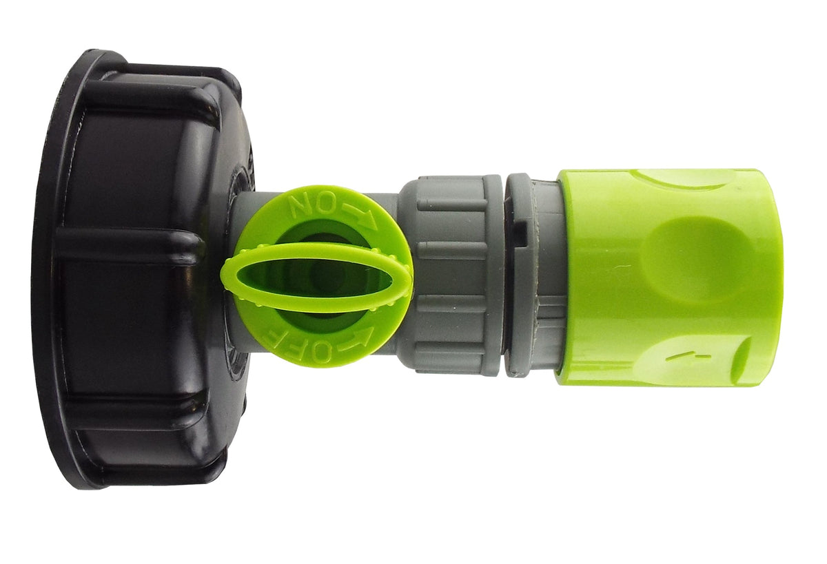 IBC S60X6 Cap & Lime Valve – Female Quick-Connect Socket; supplied fittings shown.