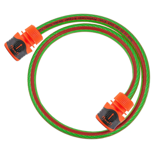Green half-inch garden hose with two orange locking hose connectors; length chosen separately.