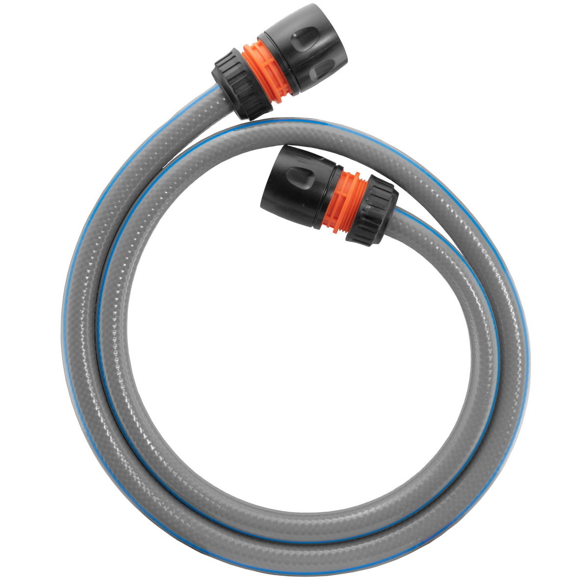 Grey garden hose with blue detail and two black/orange snap-on hose connectors.