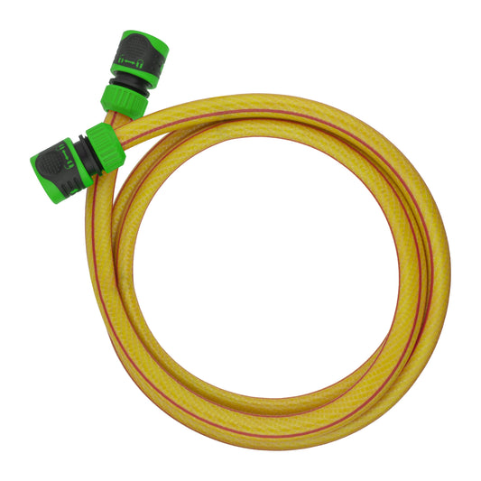 Yellow half-inch garden hose with two green locking hose connectors; length chosen separately.
