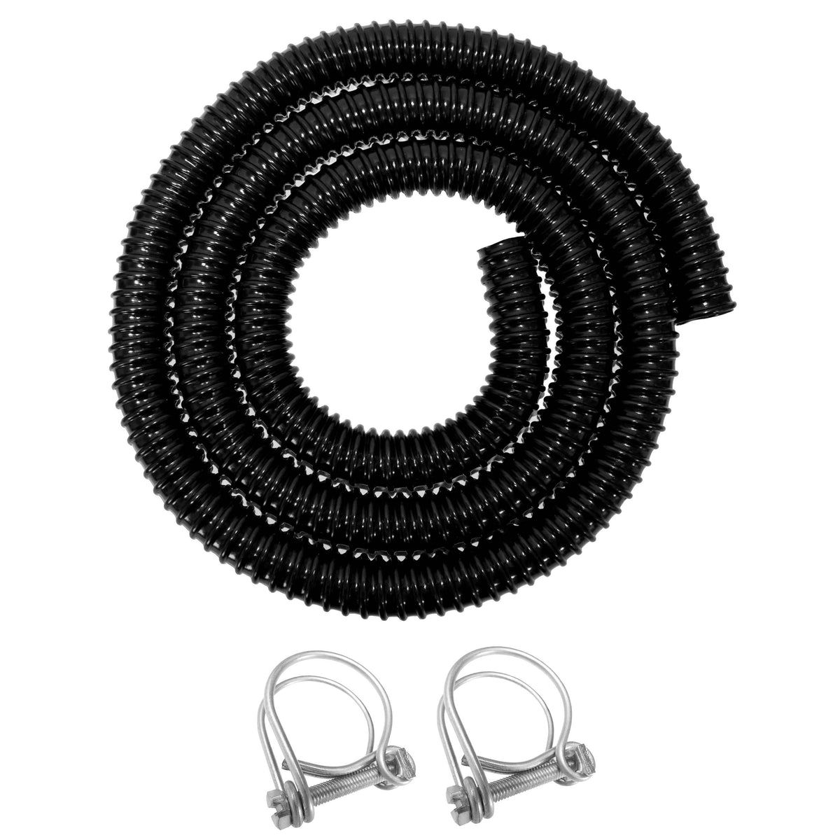Coiled black 50mm corrugated pond hose with two metal double-wire hose clips.