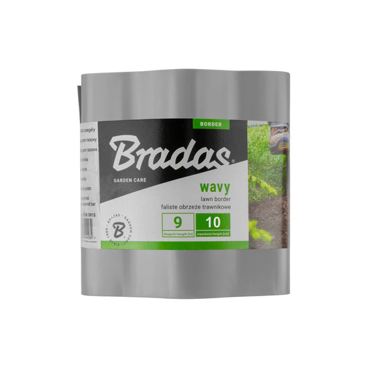 Light Grey Bradas wavy plastic lawn-edging roll labelled 9m long and 10cm high.