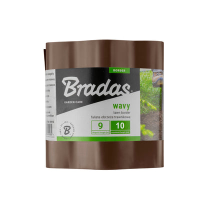 Brown Bradas wavy plastic lawn-edging roll labelled 9m long and 10cm high.
