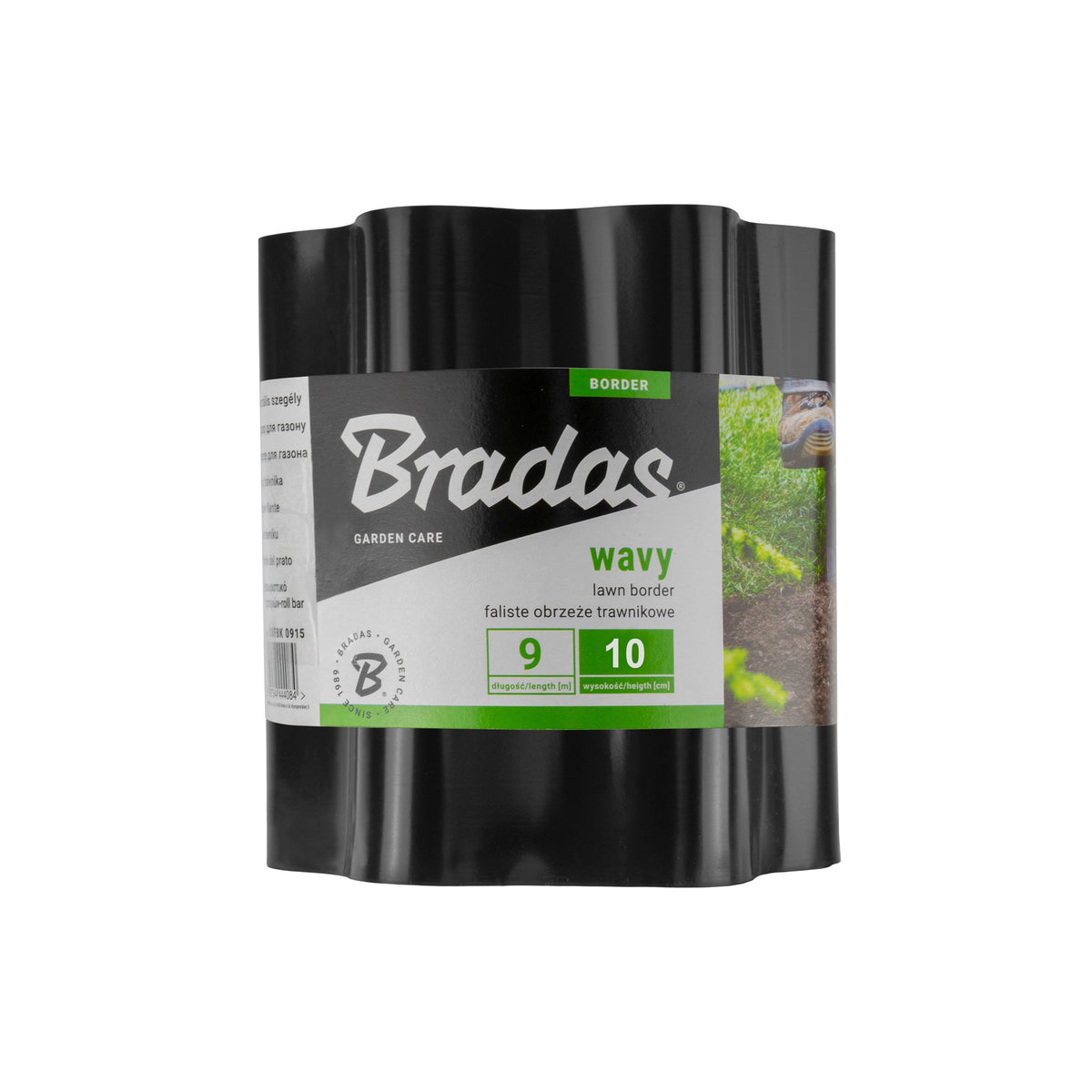 Black Bradas wavy plastic lawn-edging roll labelled 9m long and 10cm high.