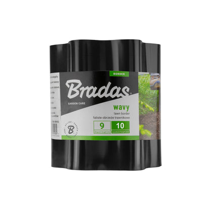 Black Bradas wavy plastic lawn-edging roll labelled 9m long and 10cm high.