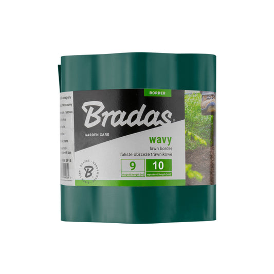 Green Bradas wavy plastic lawn-edging roll labelled 9m long and 10cm high.