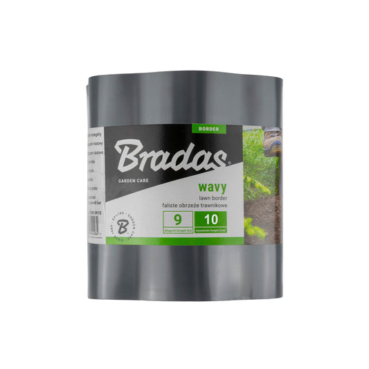 Grey Bradas wavy plastic lawn-edging roll labelled 9m long and 10cm high.