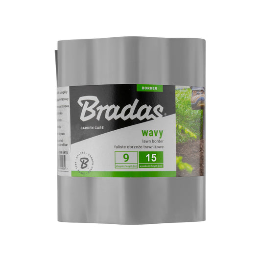 Light Grey Bradas wavy plastic lawn-edging roll labelled 9m long and 15cm high.
