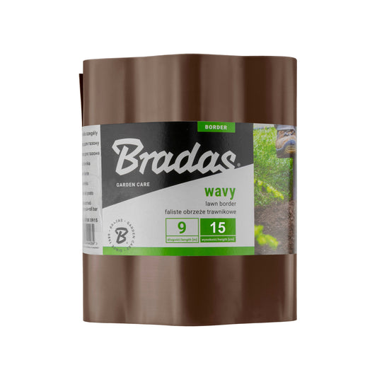 Brown Bradas wavy plastic lawn-edging roll labelled 9m long and 15cm high.