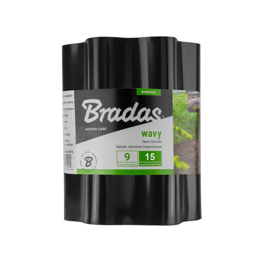 Black Bradas wavy plastic lawn-edging roll labelled 9m long and 15cm high.