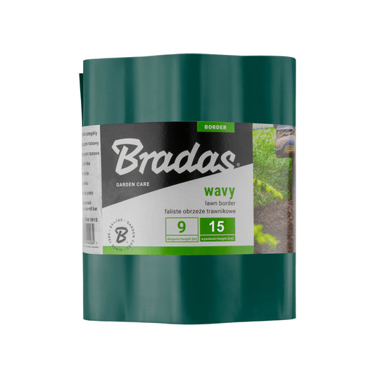 Green Bradas wavy plastic lawn-edging roll labelled 9m long and 15cm high.