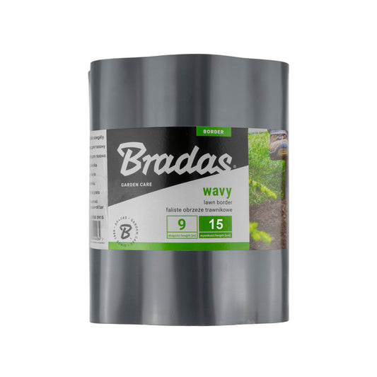 Grey Bradas wavy plastic lawn-edging roll labelled 9m long and 15cm high.