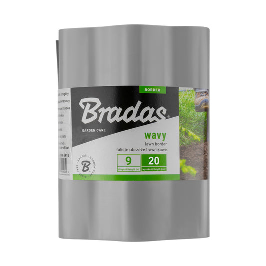 Light Grey Bradas wavy plastic lawn-edging roll labelled 9m long and 20cm high.