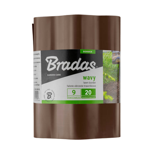 Brown Bradas wavy plastic lawn-edging roll labelled 9m long and 20cm high.