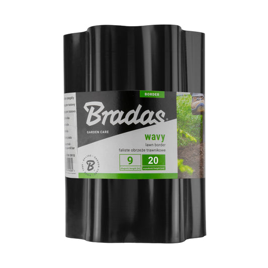 Black Bradas wavy plastic lawn-edging roll labelled 9m long and 20cm high.