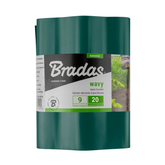 Green Bradas wavy plastic lawn-edging roll labelled 9m long and 20cm high.