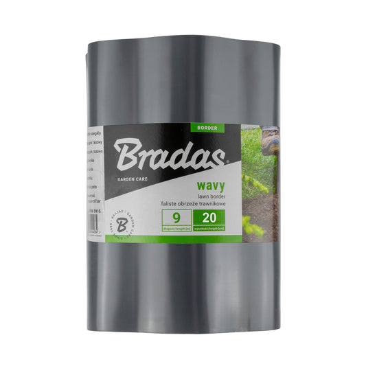 Grey Bradas wavy plastic lawn-edging roll labelled 9m long and 20cm high.
