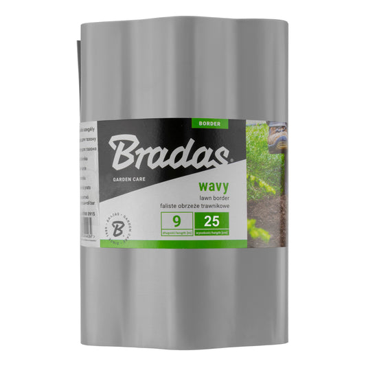 Light Grey Bradas wavy plastic lawn-edging roll labelled 9m long and 25cm high.