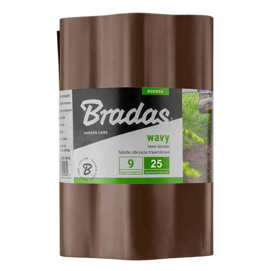 Brown Bradas wavy plastic lawn-edging roll labelled 9m long and 25cm high.