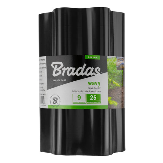 Black Bradas wavy plastic lawn-edging roll labelled 9m long and 25cm high.