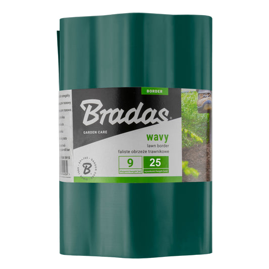 Green Bradas wavy plastic lawn-edging roll labelled 9m long and 25cm high.