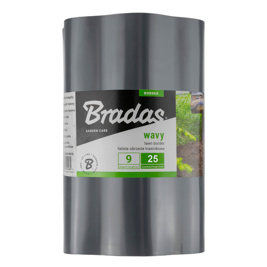 Grey Bradas wavy plastic lawn-edging roll labelled 9m long and 25cm high.