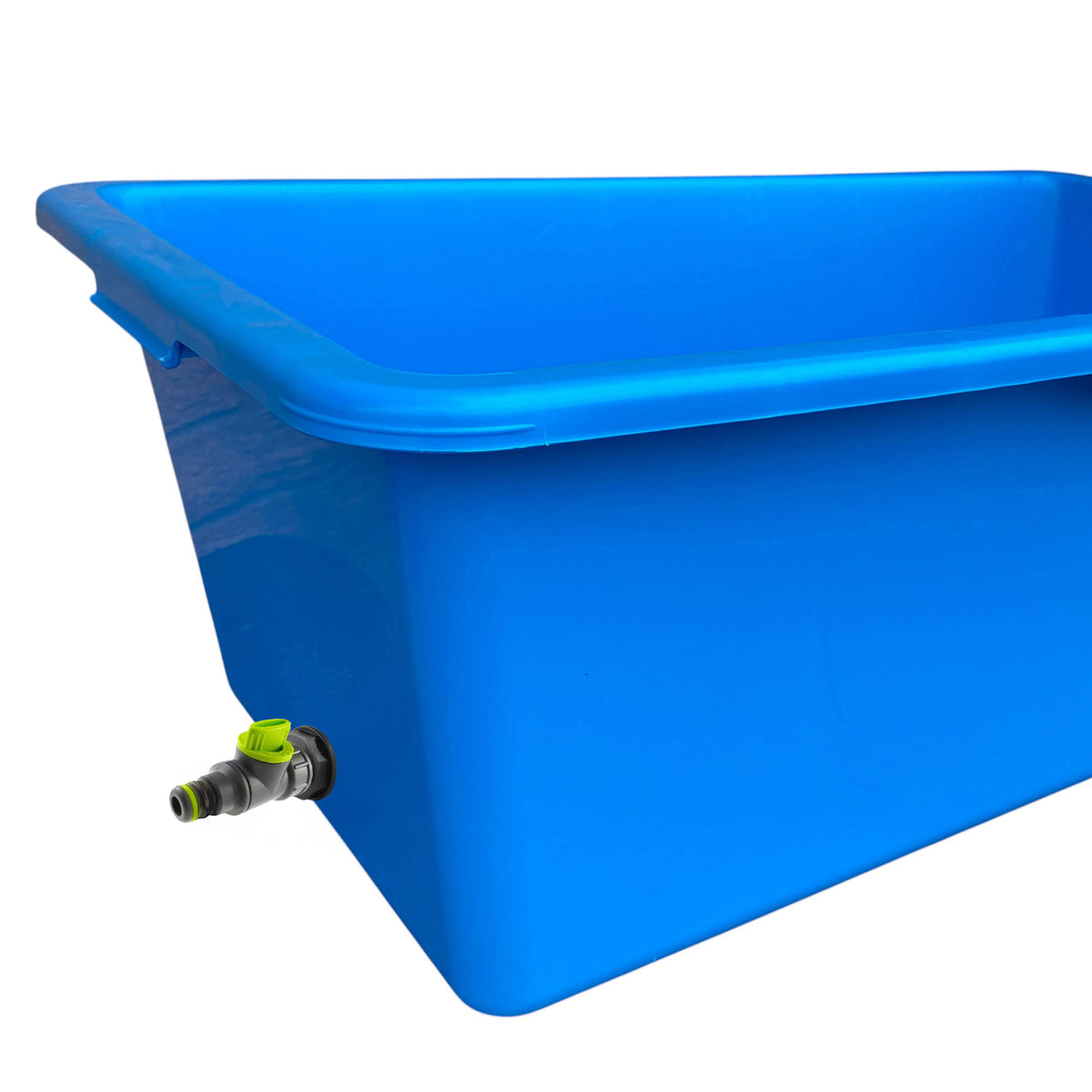 Blue rectangular dog bath with grey/lime drain valve at the lower side.