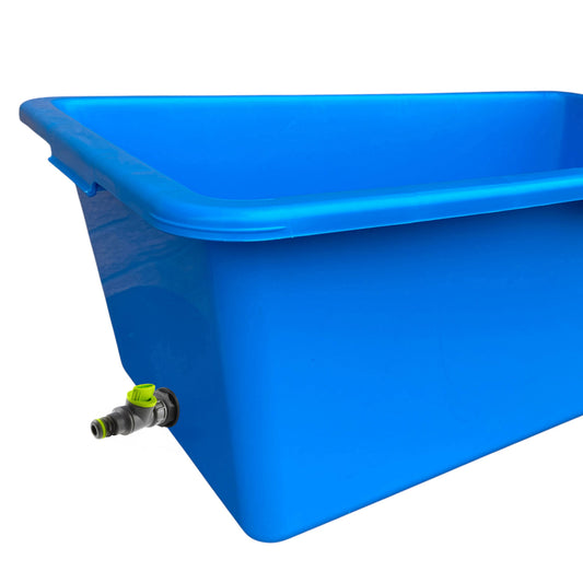 Blue rectangular dog bath with grey/lime drain valve at the lower side.