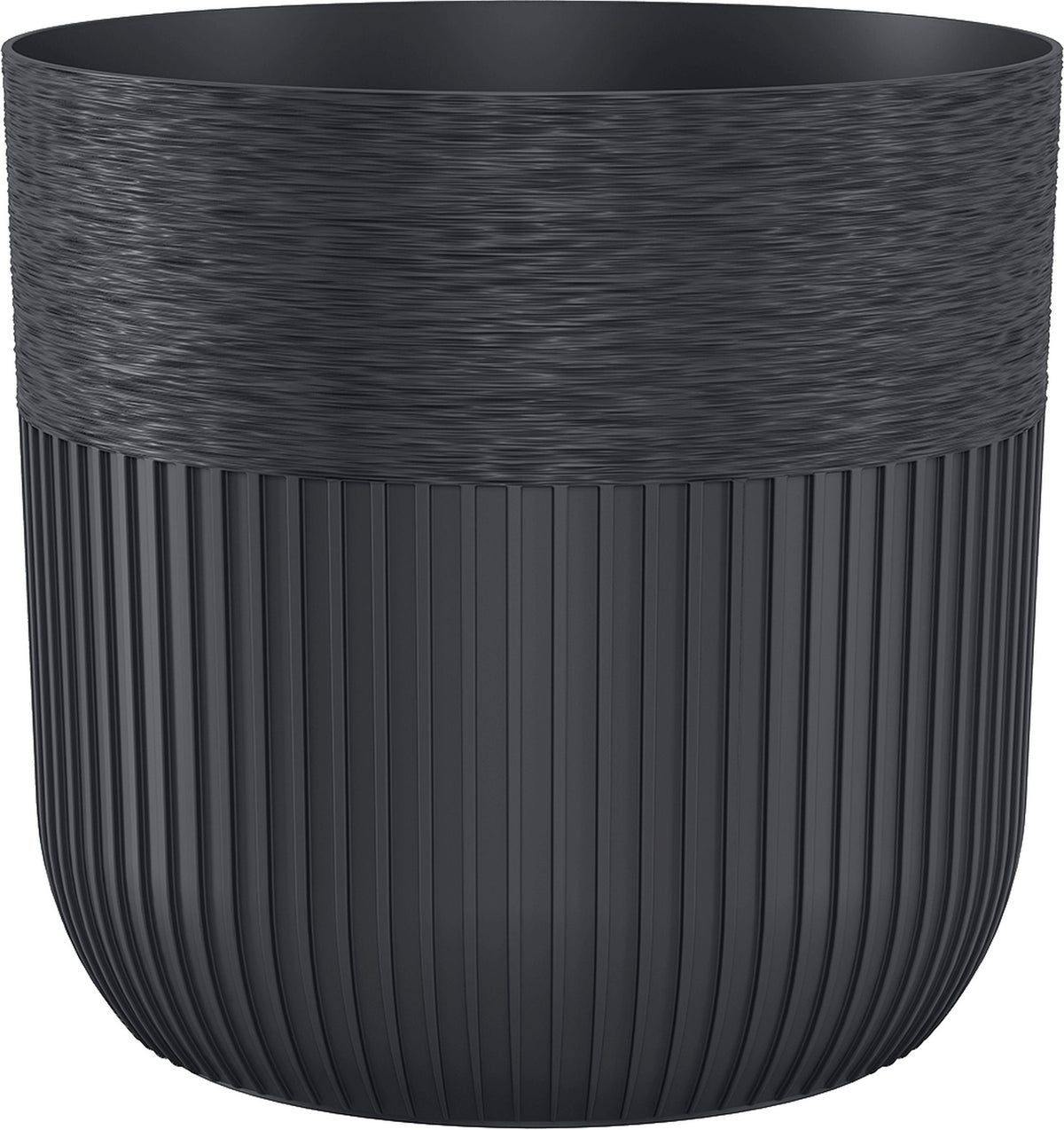 Deep Black Luca textured and ribbed round plant cover pot.