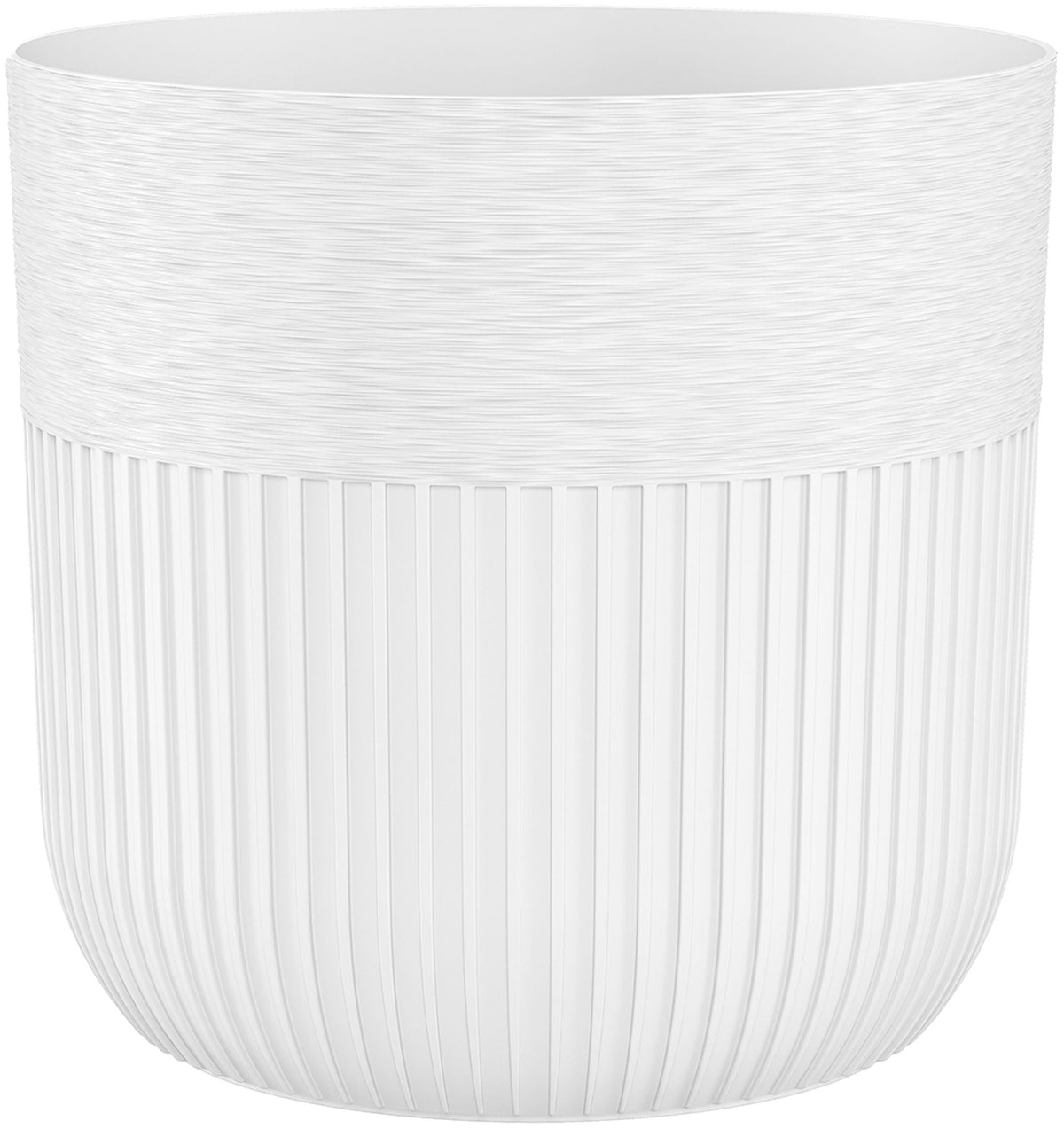 White Luca textured and ribbed round plant cover pot.
