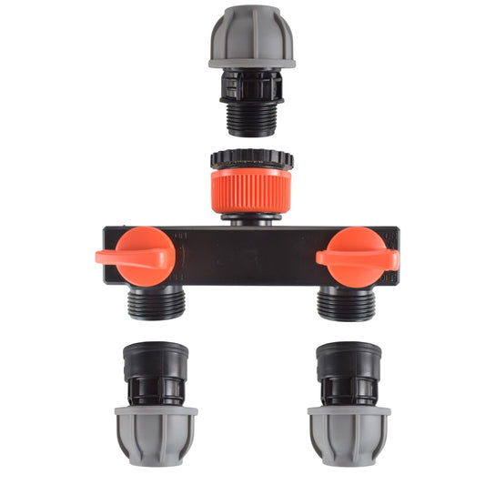 Two-way tap splitter with orange valve controls, 32mm MDPE straight inlet and two straight outlet fittings.