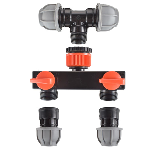 Two-way tap splitter with orange valve controls, 25mm MDPE tee inlet and two straight outlet fittings.