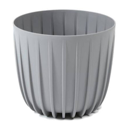Grey Mira ribbed round plant cover pot.