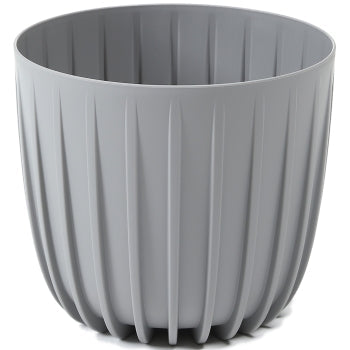 Grey Mira ribbed round plant cover pot.