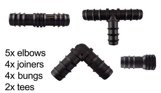 ½″ Irrigation Connector Set – 15 Elbows, Joiners & End Fittings; product design shown.